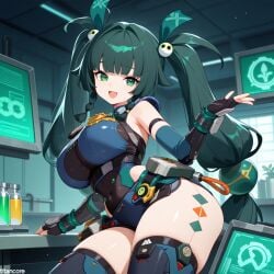 (titancore) ai_generated android_girl curvy_figure cute_girl female girl green_eyes green_hair hair_ornament happy_female huge_breasts laboratory naked naked_female new_body nipples police police_uniform pussy pussy_juice qingyi_(zenless_zone_zero) robot_girl robot_joints robotic_arm robotic_legs thick_thighs twintails video_game_character zenless_zone_zero