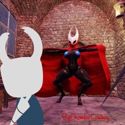 1:1 anthro arthropod big_breasts bigchowdercowboy blender_(artwork) breasts cloak clothing digital_media_(artwork) female flashing hallway hi_res hollow_knight hollow_knight:_silksong hollow_knight_(franchise) hornet_(hollow_knight) melee_weapon solo sword team_cherry the_knight_(hollow_knight) weapon