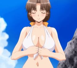 10s 1girls 2011 animated anime_screenshot beach bikini blurry blush bouncing_breasts bow breasts breasts_apart breasts_out brown_hair cleavage closed_eyes cloud day depth_of_field female female_focus flashing front-tie_bikini_top front-tie_top grey_hair hairbow large_breasts long_hair lowres mature_female mole mole_under_eye moroboshi_kyouko navel nipples nude parted_bangs public_indecency rock shiny_skin sky smile solo stitched sweet_home swimsuit tagme third-party_edit undressing untied_bikini upper_body white_bikini wide_hips