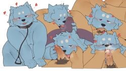anthro blue_body blush bodily_fluids bondage boxer_briefs bulge bulge_grab bulge_lick canid canine canis clothing collar cum cum_in_mouth cum_inside cum_on_face detailed_bulge domestic_dog duo ejaculation erection fellatio finger_in_mouth foreskin genital_fluids genital_outline genitals half-closed_eyes head_grab heart_symbol hi_res human humanoid_genitalia humanoid_penis leash leashed_collar licking male mammal multiple_positions narrowed_eyes nude oral oral_penetration overweight partially_retracted_foreskin penetration penile penis penis_grab penis_lick penis_outline piero03432812 pubes sex simple_background spread_mouth submissive submissive_male tongue tongue_out underwear vein veiny_penis white_body