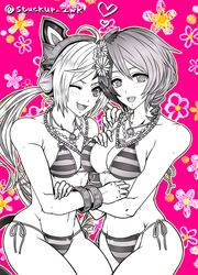 2girls alisa_bosconovitch android animal_ears bikini breasts cat_ear_headphones cat_ears cleavage female flower hair_flower hair_ornament lucky_chloe multiple_girls namco partially_colored short_hair swimsuit tekken tekken_tag_tournament_2 tied_hair twintails wink yuri