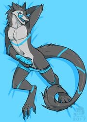 2017 anthro balls claws erection fur male male_only mammal nude paws penis pinup pose presenting sergal skdaffle smile solo tongue