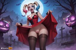 1girls ai_generated artist_name ass_visible_through_thighs bare_shoulders bat_(animal) black_choker black_nails black_thighhighs blonde_hair blue_eyes blue_hair breasts choker cleavage clothes_lift dc dc_comics dress dress_lift eyeshadow fangs fingernails full_moon gradient_hair graveyard halloween harley_quinn harley_quinn_(series) hi_res jack-o'-lantern lifted_by_self lipstick looking_at_viewer makeup medium_breasts moon multicolored_hair nail_polish night night_sky no_panties open_mouth outdoors patreon_username pink_hair pumpkin pussy red_dress rule34lab sky sleeveless sleeveless_dress smile solo standing tattoo thighhighs tongue tongue_out tree twintails uncensored