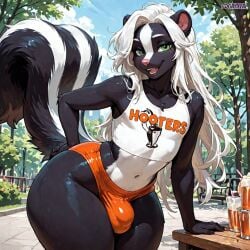 1boy ai_generated anthro ass balls big_ass big_butt black_body bubble_butt bulge crop_top deviantart femboy femboy_hooters fence furry gayiffai girly glistening glistening_body green_eyes hooters huge_ass huge_butt long_hair long_tail looking_at_viewer male massive_ass massive_butt orange_shorts outside patreon posing sexy_pose shorts skunk solo sweaty thick_hips thick_legs thick_thighs twitter two_tone_fur waterpark wide_hips