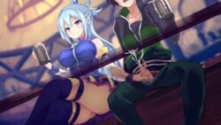 aqua_(konosuba) boots censored cum female femdom game_cg handjob kono_subarashii_sekai_ni_shukufuku_wo! penis satou_kazuma smile tagme_(artist) thigh_boots thighhigh_boots under_the_table