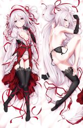 absurdly_long_hair absurdres ass bed_sheet black_gloves black_thighhighs bow bow_panties breasts cleavage cura dakimakura_(medium) dress elbow_gloves farushu_lamia_valentine female from_above full_body garter_belt garter_straps gloves gothic_delusion hair_ornament hair_ribbon hairband headdress highres long_hair looking_at_viewer lying multiple_views nipples official_art on_back panties parted_lips purple_eyes pussy pussy_juice red_hairband red_panties red_ribbon ribbon small_breasts thighhighs underwear unworn_clothes very_long_hair white_hair