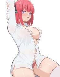 1girl absurdres arm_behind_head arms_up blunt_bangs blush breasts butterfly_ornament collared_shirt commentary covered_erect_nipples dress_shirt el_bin female female_only flustered go-toubun_no_hanayome half-closed_eyes highres large_breasts long_sleeves looking_at_viewer medium_hair nakano_nino no_bra no_pants open_mouth panties pink_hair pink_panties purple_eyes see-through_clothes see-through_shirt shirt simple_background solo thick_thighs thighhighs thighs twitter_logo twitter_username unbuttoned unbuttoned_shirt underwear white_background white_shirt white_thighhighs