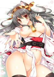 animal_ears ass black_hair boots breasts brown_eyes cat_ears cowboy_shot detached_sleeves eyebrows_visible_through_hair female hair_ornament hairband hairclip haruna_(kantai_collection) headgear kantai_collection large_breasts long_hair looking_at_viewer lying navel nipples nontraditional_miko on_back outstretched_arm red_skirt shigunyan skirt smile solo thigh_boots thighhighs yellow_eyes