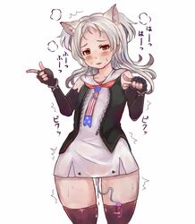 :3 american_flag animal_ears azur_lane bangs bare_shoulders black_legwear black_vest blush cat_ears collarbone cowboy_shot dress emi_no_kapakku extra_ears eyelashes female flag_print flat_chest green_eyes index_finger_raised legs_apart long_hair looking_away looking_to_the_side multicolored multicolored_clothes multicolored_neckwear neckerchief open_clothes open_mouth open_vest parted_bangs sailor_collar sailor_dress school_uniform serafuku short_dress silver_hair simple_background sims_(azur_lane) sleeveless sleeveless_dress smile solo standing star star_print striped sweat thighhighs two_side_up unzipped vertical_stripes vest vibrator vibrator_in_thighhighs vibrator_under_clothes white_background zettai_ryouiki zipper zipper_pull_tab