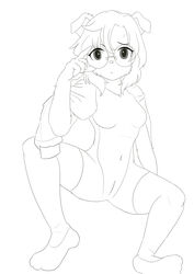 2017 agious anthro breasts canine canine clothing cute eyewear featureless_breasts female glasses jacket jewelry legwear looking_at_viewer mammal monochrome navel necklace pussy simple_background sitting sketch solo thigh_highs white_background