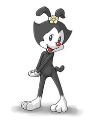 animaniacs anthro black_fur clothing dot_warner female flower fur gloves hands_together looking_at_viewer mammal nude open_mouth open_smile plant presenting pussy red_nose sakuramoto simple_background smile solo tongue warner_brothers white_fur