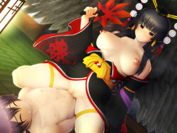 1boy age_difference areolae assertive bangs bare_shoulders black_hair black_kimono black_wings blunt_bangs blush breasts breasts_apart censored cowgirl_position dead_or_alive dead_or_alive_5 detached_sleeves dutch_angle eyebrows_visible_through_hair feathered_wings female hair_tubes hairband hat hime_cut indoors japanese_clothes kimono large_breasts long_hair long_sleeves looking_at_another male mole mole_under_mouth mosaic_censoring mura_no_ikinokori nipples nose_blush nude nyotengu obi on_floor open_clothes open_kimono parted_lips purple_eyes purple_hair pussy sash sex smile spread_legs straddling straight tokin_hat wide_sleeves wings