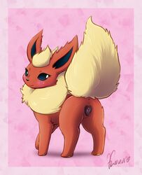 anatomically_correct animal_genitalia animal_pussy anus blush canine canine_pussy eeveelution eyelashes female feral flareon furreon looking_at_viewer looking_back mammal nintendo pokémon_(species) pokemon pokemon_(species) pussy rear_view signature solo video_games