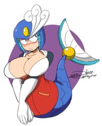 2017 artist_name black_eyes blush breasts capcom cleavage clothed clothes collarbone drivojunior fish_tail gloves helmet huge_breasts jacket large_breasts makeup mega_man mega_man(classic) mermaid purple_background robot robot_girl scales signature simple_background splash_woman transparent_background zipper