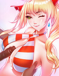 blonde_hair breasts cleavage cum cum_on_body cum_on_breasts cum_on_upper_body eyebrows_visible_through_hair facial fate_(series) female highres nero_claudius_(fate) nero_claudius_(swimsuit_caster) one_eye_closed penis pinkladymage smile