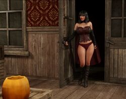 3d bare_shoulders big_breasts black_hair blackadder blackadder3d boots cape cloak corset curvy dark_hair door female halloween high_heel_boots high_heels hourglass_figure long_boots mantle medium_hair open_door panties red_panties skimpy skyla_(blackadder) solo tavern thick_thighs thighs unconvincing_armor vampire wide_hips wooden_floor