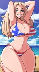 1girls abs afrobull american_flag american_flag_bikini arms_up barefoot belly big_breasts bikini blonde_hair breasts cleavage female female_only girls_und_panzer grin huge_ass huge_breasts kay_(girls_und_panzer) large_breasts looking_at_viewer midriff naughty_face smile solo text thick_thighs thin_waist voluptuous watermark