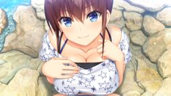 aqua_eyes asami_asami blush breasts brown_hair censored cleavage game_cg hibiki_works natural_vacation paizuri penis sarashina_yuzuki water