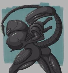 2017 absurd_res alien alien_(franchise) areola big_breasts breasts digital_media_(artwork) female female_xenomorph hi_res huge_breasts humanoid mxwqtkl nipples nude simple_background smile solo thick_thighs voluptuous xenomorph