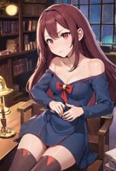 ai_generated akko_kagari bare_shoulders blue_dress books bookshelf bow bow_tie bowtie brown_hair cleavage dezgo_ai dress library little_witch_academia long_hair long_sleeves night off_shoulder short_dress sitting sitting_on_chair small_breasts strapless_dress teenage_girl teenager thighhighs thighs window