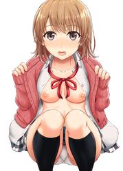 blazer blush bow breasts brown_eyes brown_hair female highres inanaki_shiki isshiki_iroha jacket looking_at_viewer medium_breasts my_teen_romantic_comedy_snafu nipples open_mouth panties pantyshot pantyshot_(squatting) school_uniform short_hair solo squatting underwear