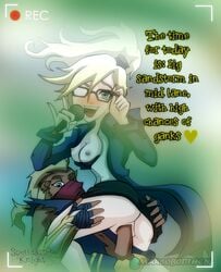 ass ass_grab blonde_hair blue_eyes blush bottomless breasts clothed_sex cowgirl_position dark-skinned_male dark_skin ekko exposed_breasts forecast_janna glasses guardian_of_the_sands_series happy happy_sex heart-shaped_pupils interracial janna_windforce league_of_legends mbhen114 microphone nipples one_eye_closed partially_clothed penetration pussy recording sandstorm_ekko scarf sex smile speech_bubble spellcaster_knight text the_grind_series vaginal_penetration