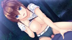 aqua_eyes asami_asami blush breasts brown_hair censored cute_fang forest game_cg hibiki_works natural_vacation navel night nipples no_bra oerba_yun_fang penis ponytail sarashina_yuzuki shirt_lift shorts spread_legs tree