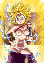 1girls acpuig aura blonde blonde_hair blue_eyes breasts breasts_out caulifla dragon_ball dragon_ball_super female female_only flashing nipples pants pants_down saiyan shiny_breasts shiny_skin shirt shirt_lift shirt_up solo spiky_hair super_saiyan topless