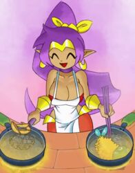 animated apron bent_over big_breasts chopsticks cleavage cooking dancing earrings grease happy hips long_ears minus8 purple_hair shaking shantae shantae_(character) smile smooth_skin thick_thighs thin_waist wide_hips