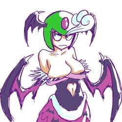 1girls breasts capcom clothed clothing cosplay crossed_arms darkstalkers female female_only fupoo green_eyes helmet huge_breasts large_breasts medium_breasts mega_man mega_man(classic) mermaid morrigan_aensland_(cosplay) navel robot robot_girl solo splash_woman unhappy upper_body wings