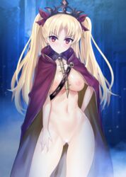 ass_visible_through_thighs bangs blonde_hair blush breasts cape censored contrapposto cowboy_shot dark_background earrings ereshkigal_(fate) ero_waifu eyebrows_visible_through_hair fate/grand_order fate_(series) female hand_on_hip heart heart_censor highres jewelry large_breasts legs_apart long_hair looking_at_viewer motion_blur naked_cape navel parted_bangs purple_cape purple_ribbon red_eyes red_ribbon ribbon shiny shiny_hair shiny_skin skull solo spine standing stomach thighs tiara tsurime two_side_up v-shaped_eyebrows very_long_hair