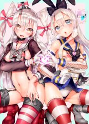 2girls absurdres amatsukaze_(kantai_collection) anchor areolae bell bell_collar black_panties blonde_hair blush breasts brown_eyes cameltoe collar elbow_gloves garter_straps gloves hair_ornament hairband heart heart_hands heart_hands_duo highres hoyashi_rebirth kantai_collection long_hair looking_at_viewer multiple_girls navel nipples open_mouth panties pussy_juice pussy_peek red_legwear school_uniform serafuku shimakaze_(kantai_collection) silver_hair small_breasts striped striped_legwear thighhighs torn_clothes twintails underwear white_gloves