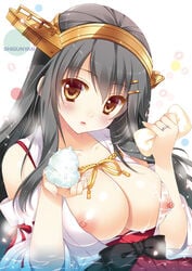 artist_name black_hair blush breasts female hair_ornament hairband haruna_(kantai_collection) headgear jewelry kantai_collection large_breasts long_hair looking_at_viewer nipples ring shigunyan solo sponge yellow_eyes