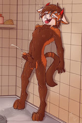 anthro balls cum cumshot ejaculation erection fangs feet fuf fur furry furry_only hair hi_res horn humanoid_penis male male_only mammal masturbation navel nipples nude open_mouth orgasm partially_retracted_foreskin penile_masturbation penis red_panda shower solo sponge tail uncut viperious water wet