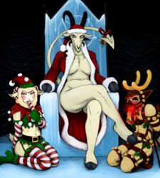 2017 anthro antlers ball_gag baphomet bdsm bdsm_harness bell big_breasts bondage bottomless breasts bulge candy candy_cane caprine chair christmas clothed clothing crossed_legs demon fake_antlers feline female food gag hat hladilnik holidays horn lucy_(hladilnik) male mammal midriff mistletoe penis_outline plant scar sheep smile spade_tail suggestive suggestive_food throne toothy_grin y_incision