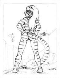 1990s 1997 20th_century aircraft anthro ass big_breasts black_and_white breasts building city eyewear feline female glasses hair helicopter long_hair looking_at_viewer macro mammal monochrome nude pussy stripes tiger wolfkidd