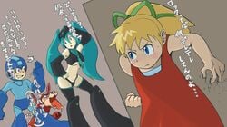 2girls angry armor bangs bare_shoulders blonde_hair blue_eyes boots canine capcom clothed clothes crossover dress drooling female green_eyes green_hair green_ribbons hair hands_behind_head hatsune_miku helmet hiding japanese_text jealous male mega_man mega_man(classic) mega_man_(character) red_dress revealing_clothes ribbon robot robot_girl roll rush_(mega_man) skimpy_clothes spanking standing thigh_highs tie translation_request underboob vocaloid