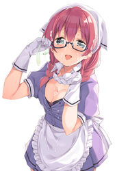 :d amano_miu apron black-framed_eyewear black_bra blend_s blue_eyes blush bra bra_peek braid breasts cleavage condom_wrapper cum cum_on_body cum_on_breasts cum_on_clothes cum_on_hair cum_on_upper_body cum_string eyebrows_visible_through_hair female glasses gloves half-closed_eyes head_scarf highres leaning_forward long_hair looking_at_viewer medium_breasts minase_shuu one_eye_closed open_mouth puffy_short_sleeves puffy_sleeves red_hair short_sleeves simple_background smile solo stile_uniform twin_braids unbuttoned unbuttoned_shirt underwear waitress white_background white_gloves