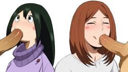 2girls alpha_male beru_asui big_penis blowjob blush_stickers brown_hair closed_eyes erection fellatio female green_hair long_hair male milf my_hero_academia ochako's_mother oral penis rosy_cheeks saliva shoganight straight unseen_male_face