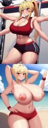 4_arms abs ai_generated armpits arms_behind_head arms_up bangs beach big_breasts big_nipples blonde_hair blush breasts_out cleavage curvy fit fit_female gym gym_shorts huge_breasts klia_(tetra_ai) multi_arm multi_limb nai_diffusion ponytail red_bra red_eyes sidelocks smile sports_bra stable_diffusion tetra_ai thick_thighs toned toned_female topless voluptuous waving wide_hips