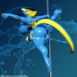 3d anthro balls blue_skin breasts cyber_dragon dickgirl dragon idsaybucketsofart intersex latex_skin leviathan-29 penis pole stripper_pole water yellow_skin