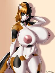 2017 absurd_res anthro areola big_breasts breasts calico_cat collar eyewear feline female fur furry furry_only glasses green_eyes hair hand_behind_head hi_res huge_breasts large_breasts mammal melody_(mellybyte) multicolored_hair nipples nude plankboy pussy solo tail thick_thighs two_tone_hair wide_hips