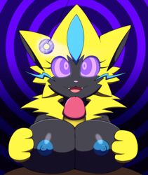 1boy 1girls 2017 anthro areola big_breasts breasts dr._chaos fangs feline female fur furry glowing glowing_eyes hypno hypnosis legendary_pokémon male male_pov mind_control nintendo nipples nude open_mouth paizuri paws pendulum penis pokemon pokemon_(species) pokemon_usm pov straight video_games whiskers yellow_fur zeraora