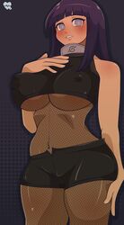 1girls belly black_hair breasts busty cinnamon6 clothed female female_only fishnets heart human hyuuga_hinata large_breasts long_hair naruto naruto_(series) naruto_shippuden navel purple_background see-through shirt shorts solo standing underboob watermark