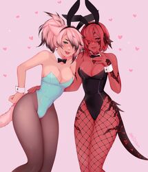 1futa 1girls au_ra black_sclera breasts bulge bunny_ears bunny_girl bunnysuit cat_ears cat_tail catgirl collar cuffs female final_fantasy final_fantasy_xiv fishnets futanari hand_on_hip horns leotard lips lipstick looking_at_viewer miqo'te nereidere pantyhose red_skin scales smile smiling tail wink winking zax_magma zephyr_winds