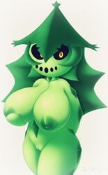 anthro black_sclera breasts cacturne female flora_fauna furry huge_breasts large_breasts nintendo nipples nora nude plant pokémorph pokemon pokemon_(species) pussy redbenjamin shortstack simple_background smile white_background wide_hips yellow_eyes