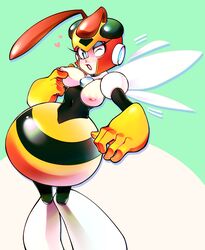 areolae bee blue_eyes boots breast_grab breasts capcom clothed clothes erect_nipples gem green_background heart helmet honey_woman makeup mega_man mega_man(classic) navel open_mouth robot robot_girl small_breasts tentawful vesper_woman white_background wings wink