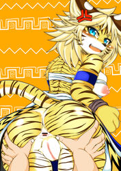 anger_vein angry animal_ears anus armlet ass bar_censor blonde_hair breasts budget_sarashi censored clenched_hand cute_fang disembodied_limb eyebrows_visible_through_hair female from_behind fullbokko_heroes furry large_breasts looking_at_viewer looking_back megane_inu nipple_slip nipples no_humans oerba_yun_fang open_mouth pussy sarashi shiny_skin short_hair simple_background skindentation smile solo spread_anus standing sweat tail teeth tongue two-tone_background uncensored yellow_background zhang_fei_(fullbokko_heroes)