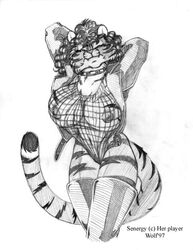 1990s 1997 20th_century anthro big_breasts boots breasts claws clothing feline female footwear hair inviting leather looking_at_viewer mammal monochrome nipples seductive smile solo stripes tiger wolfkidd