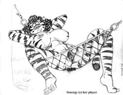 1990s 1997 20th_century anthro big_breasts breasts claws feline female hair hammock mammal monochrome nipples nude pubes pussy sleeping solo spread_legs spreading stripes tiger wolfkidd